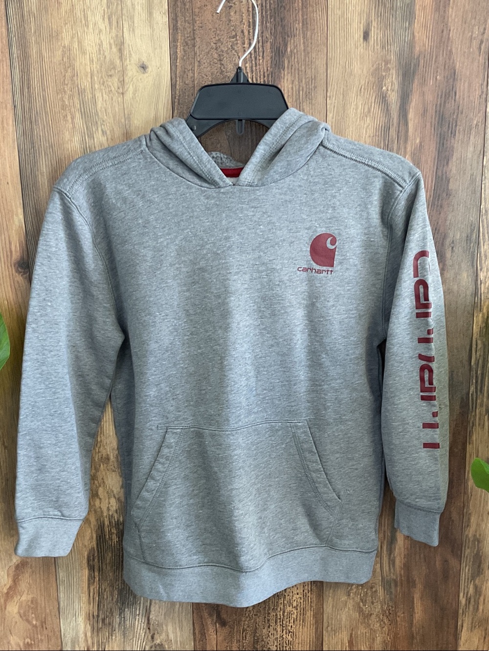 Carhartt Pullover Hoodie with Maroon Logo and Sleeve Script Boys M   193B